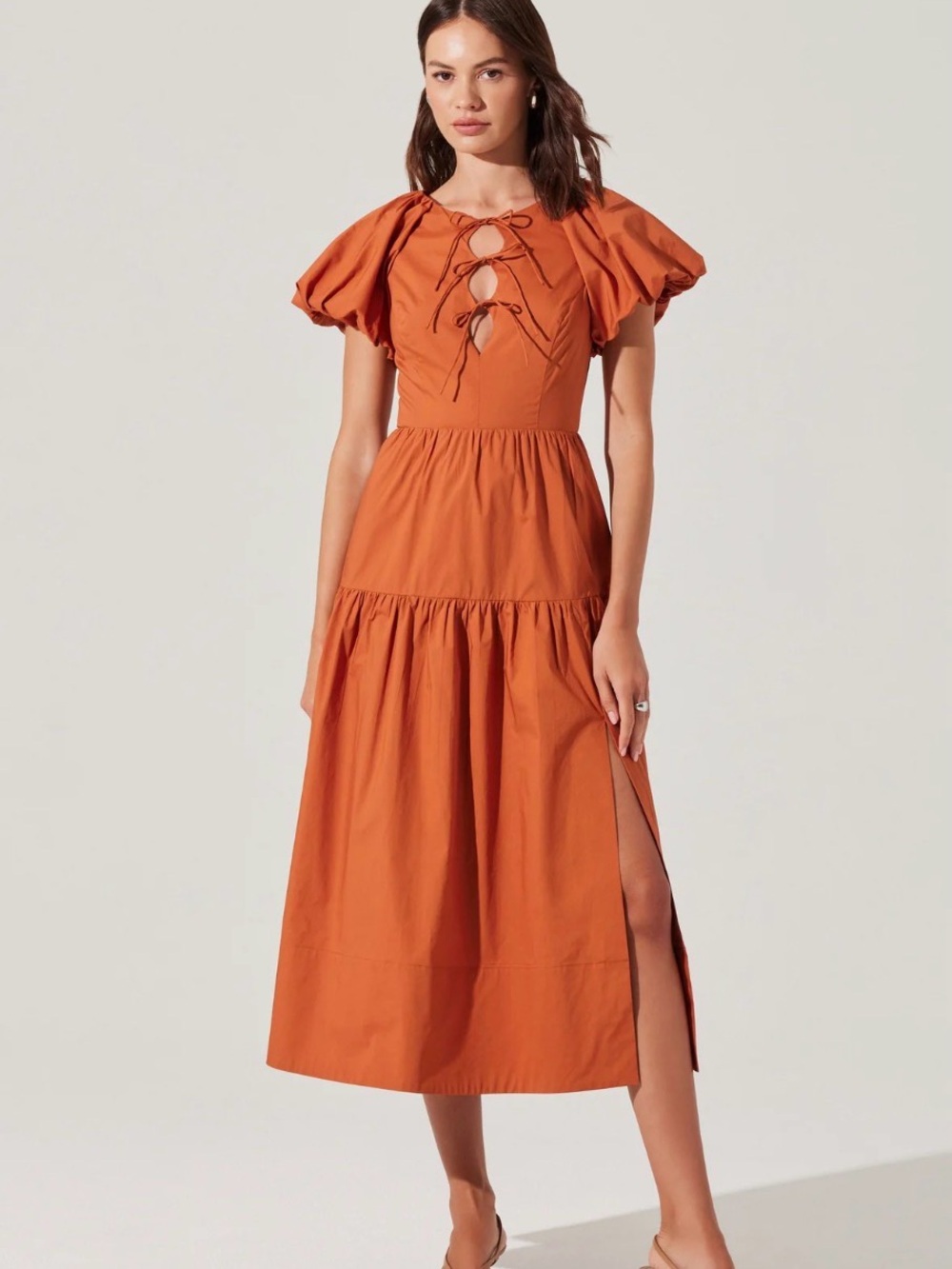 ASTR The Label Aine Cotton Midi Dress Copper Puff Sleeve Cottagecore XL